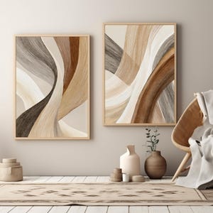 Set of 2 Textured Abstract Line Wall Art Prints, Neutral Contour Ribbon Poster Set, Beige Brown Organic Modern Gallery Wall Download