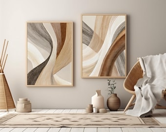 Set of 2 Textured Abstract Line Wall Art Prints, Neutral Contour Ribbon Poster Set, Beige Brown Organic Modern Gallery Wall Download