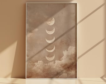 Moon Phases Wall Art Printable, Neutral Crescent Moon Poster, Minimal Beige Celestial Clouds Decor, Digital Download