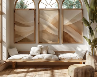 Set of 3 Abstract Neutral Beige Wall Art Prints, Organic Modern Flow Ribbon and Wave Poster Set, Minimal Boho Gallery Wall Download