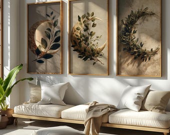Set of 3 Botanical Moon Wall Art Printables, Crescent Moon Celestial Gallery Set, Olive Branch Eucalyptus Neutral Beige Decor