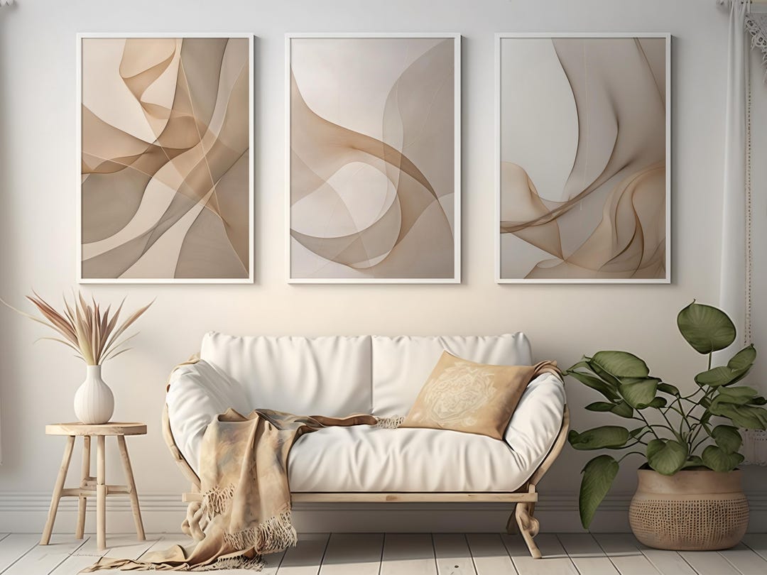 Set of 3 Neutral Abstract Wall Art Prints, Beige Sheer Waves, Minimal ...