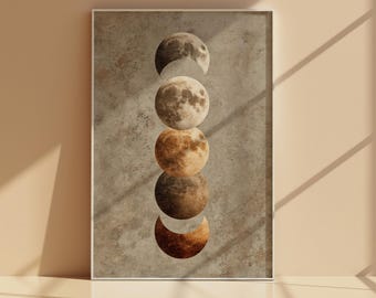 Moon Phases Wall Art Printable, Neutral Celestial Lunar Phase Poster, Minimal Beige Boho Moon Digital Download Decor