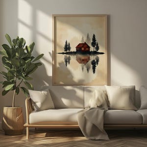 Red Cabin Reflection Print, Forest Lake Wall Art, Rustic Cottage Decor, Woodland Sunset Landscape Poster Download