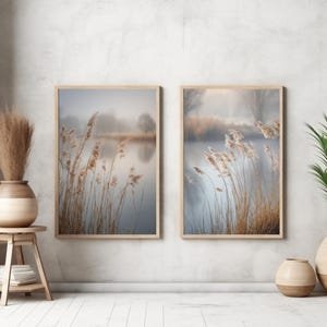 Set of 2 Lake Reeds Wall Art Prints, Neutral Marsh Reflection Landscape Pair, Beige Calm Nature Printable Decor