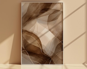 Lámina decorativa abstracta con diseño de ondas en capas, póster neutro en tonos marrón y beige cálidos, decoración moderna de líneas orgánicas transparentes.