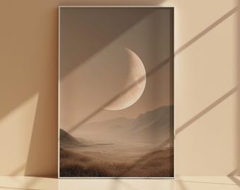Lámina decorativa imprimible del Valle de la Luna Creciente, póster de paisaje celestial neutro, decoración digital desértica lunar beige