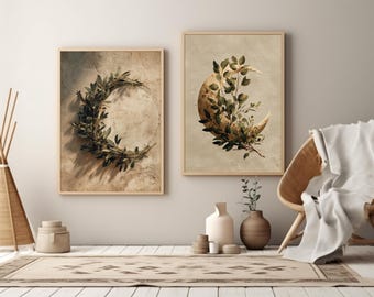 Set of 2 Botanical Moon Wall Art Printables, Olive Branch & Eucalyptus Crescent Prints, Neutral Celestial Beige Decor