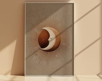 Crescent Moon Face Wall Art Printable, Neutral Celestial Sunburst Poster, Beige Boho Moon Digital Download Decor