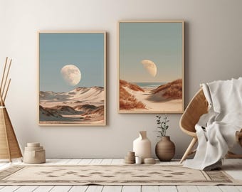 Juego de 2 láminas decorativas de pared con temática lunar costera, láminas imprimibles de dunas de playa en tonos neutros y paisaje lunar beige en díptico.