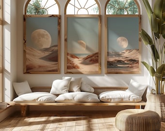 Juego de 3 láminas decorativas de pared con temática de la Luna Costera, dunas de playa en tonos neutros, paisaje lunar beige para imprimir en la pared.