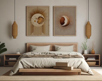 Set of 2 Celestial Wall Art Prints, Moon Face and Sun Moon Printable, Neutral Terracotta Boho Gallery Wall Digital Download