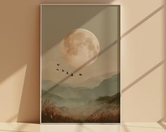 Stampa artistica da parete con uccelli e luna piena, poster con paesaggio montano nebbioso e lunare, download digitale neutro color salvia e celeste.
