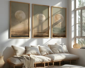 Set di 3 stampe artistiche da parete con luna e uccelli, paesaggio neutro, salvia e nebbia, stampabile, galleria di immagini di montagna e prato celeste.