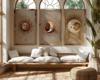 Set of 3 Celestial Wall Art Prints, Moon Face and Sun Moon Printable Trio, Neutral Terracotta Boho Gallery Wall Download