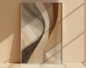Textured Abstract Line Wall Art Printable, Neutral Organic Modern Ribbon Poster, Beige Brown Minimal Digital Download