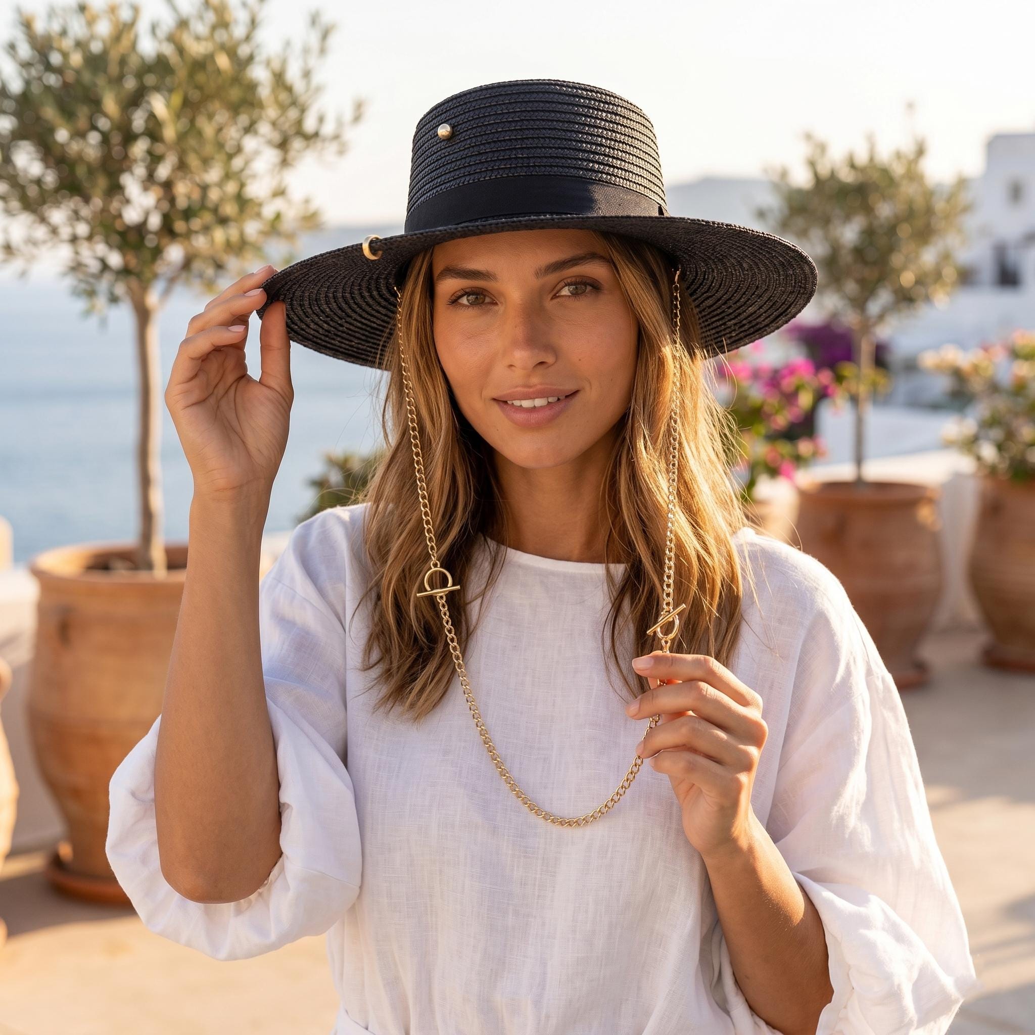 Black Straw Boater Hat, Wide Brim Canotier Sun Hat with Gold Chain