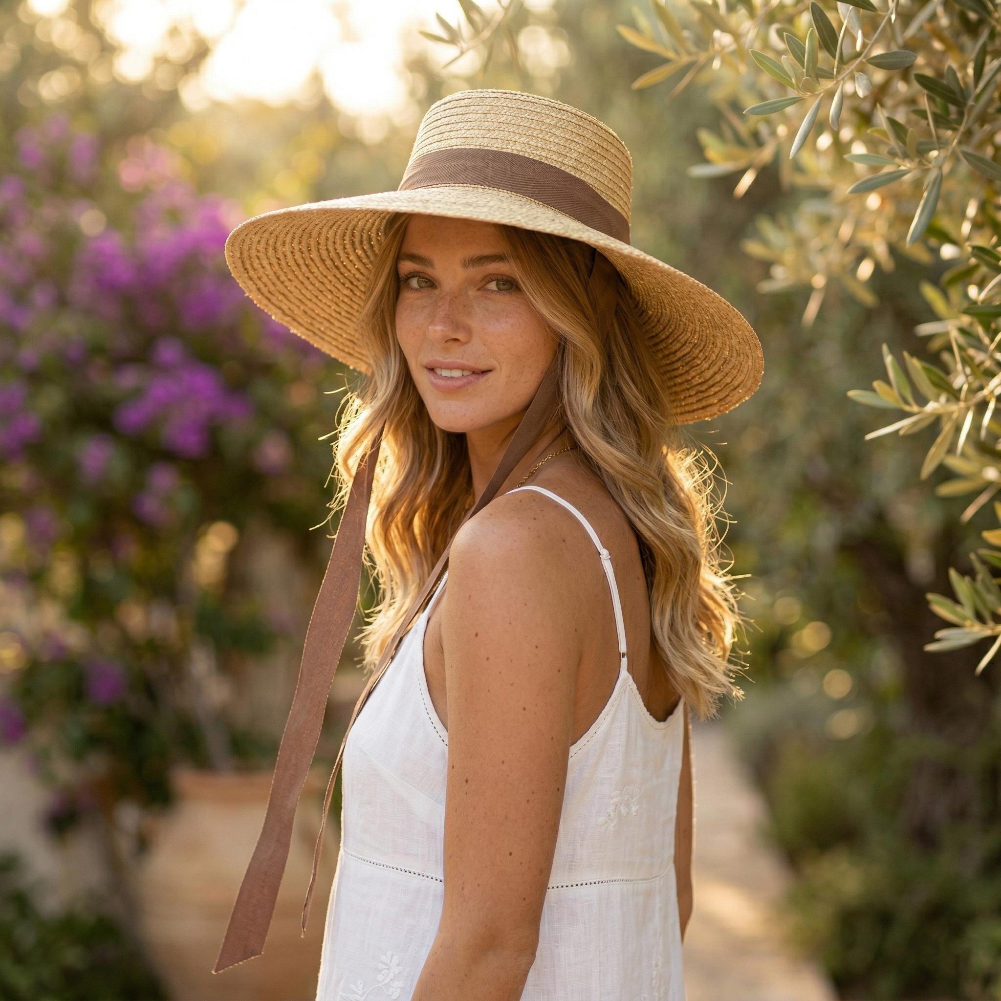 Hat With Ribbon Women’s Straw Sun Hat With Brown Ribbon, Wide Brim Beige Boater, Summer ...
