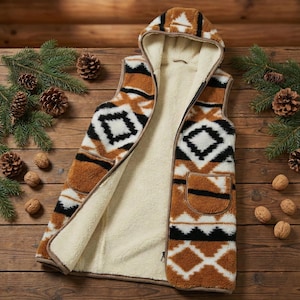 May include: A hooded vest with a geometric pattern in shades of brown, black, and white. The vest has a cream-colored interior lining and two front pockets. The zipper is open, and the vest is displayed on a wooden surface.