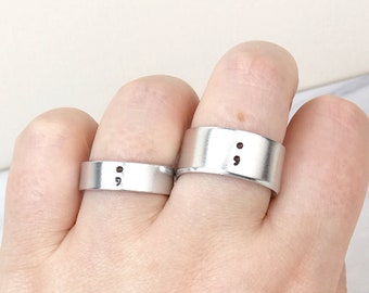 Semicolon Silver Ring ; Handmade Hand Stamped Semi Colon Project Mental Health Suicide Depression Awareness Punctuation Gift Jewelry