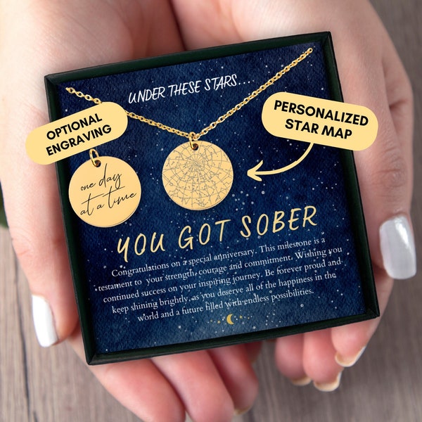 Sobriety Gift, Sobriety Date Necklace, Custom Star Map By Date, Sober Anniversary, Constellation Map, AA, NA, Addiction Recovery, Jewelry