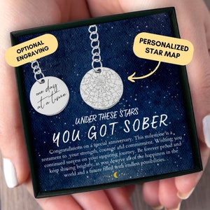 Cadeau de sobriété, porte-clé date de sobriété, carte des étoiles personnalisée par date, anniversaire de sobriété, carte de la constellation, AA, NA, récupération d'une dépendance, bijoux