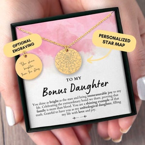 Collier fille bonus, cadeau belle-fille, carte des étoiles personnalisée par date, bijoux belle-fille, cadeau fille bonus, cadeau de la belle-mère