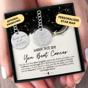 Cadeau de survivant du cancer, collier personnalisé, porte-clés, cadeaux contre le cancer, carte des étoiles personnalisée par date, Fuck Cancer, Guerrier, Anniversaire, Cadeau de Noël