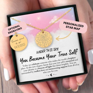 Cadeau de fierté transgenre, collier trans, carte des étoiles personnalisée par date, cadeau non binaire, cadeau personnalisé, allié, drapeau transgenre, bijoux trans