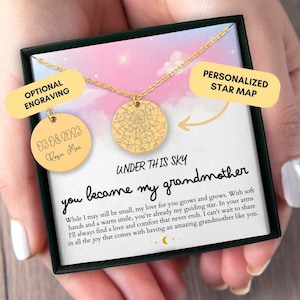 Nouveau cadeau grand-mère, collier grand-mère, carte des étoiles personnalisée par date, premier cadeau grand-mère, cadeau d'une petite-fille, Noël, de bébé
