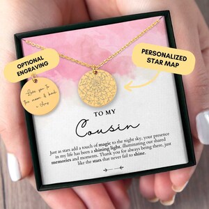Cadeaux cousine pour femme, Cadeau d'anniversaire pour cousine, Carte des étoiles personnalisée par date, Cadeau pour cousine, Cadeau personnalisé, Noël pour cousine, Collier pour cousine