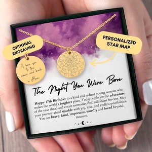 Cadeau du 17e anniversaire, carte des étoiles personnalisée par date, carte des étoiles personnalisée, dix-sept anniversaire, cadeau personnalisé, collier, cadeau pour fille, adolescent