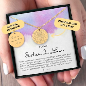 Cadeau pour belle-sœur, cadeau de belle-sœur Noël, carte des étoiles personnalisée par date, cadeau d’anniversaire de belle-sœur, collier personnalisé
