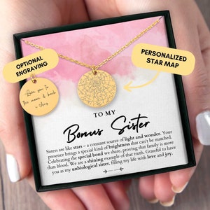 Cadeau de sœur bonus, cadeau de sœur non biologique, cadeau de belle-sœur, carte des étoiles personnalisée par date, collier personnalisé, cadeau de belle-sœur, anniversaire
