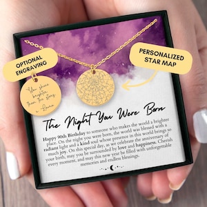 Cadeau du 90e anniversaire pour elle, carte des étoiles personnalisée par date, carte des étoiles personnalisée, collier personnalisé, cadeau pour les femmes, carte de la constellation