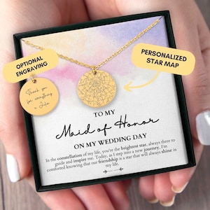 Regalo damigella d'onore dalla sposa, confezione regalo damigella d'onore, collana personalizzata, mappa stellare personalizzata per data, il giorno del matrimonio, giorno del matrimonio