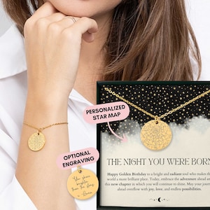 Cadeau d'anniversaire doré pour elle, carte du ciel personnalisée par date, carte du ciel personnalisée, bracelet personnalisé, cadeau pour femme, carte de la constellation