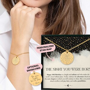 Cadeau 30e anniversaire pour elle, carte du ciel personnalisée par date, carte du ciel personnalisée, bracelet personnalisé, cadeau pour fille, carte de la constellation