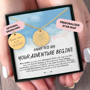 Cadeau d’aventure, L’aventure attend, Cadeau de déménagement, Cadeau de voyage, Cadeau de nouveau départ, Collier personnalisé, Carte des étoiles personnalisée par date