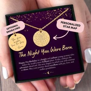 Cadeau du 21e anniversaire pour elle, carte des étoiles personnalisée par date, carte des étoiles personnalisée, collier personnalisé, cadeau pour fille, carte de la constellation
