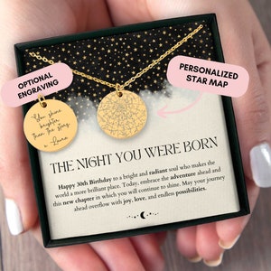 Cadeau du 30e anniversaire pour elle, carte des étoiles personnalisée par date, carte des étoiles personnalisée, collier personnalisé, cadeau pour fille, carte de la constellation