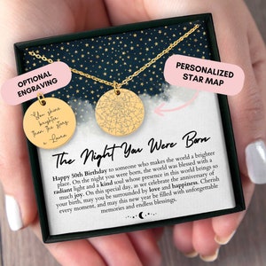 Cadeau 50e anniversaire pour elle, carte du ciel personnalisée par date, carte du ciel personnalisée, collier personnalisé, cadeau pour femme, carte de la constellation