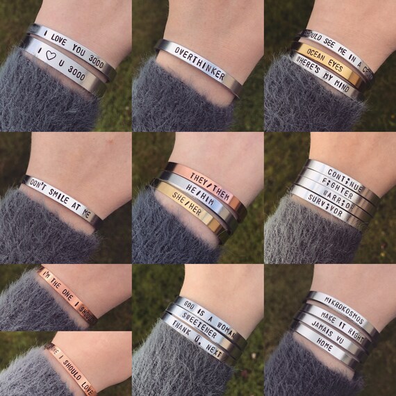 Custom Cuff Bracelet Personalized Your Text Silver Gold or Copper
