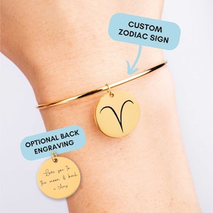 Personalized Zodiac Bangle, Astrology Bracelet, Engraved Zodiac Sign, Zodiac Sign Bracelet Gold Disc, Birthday Gift, Christmas Gift