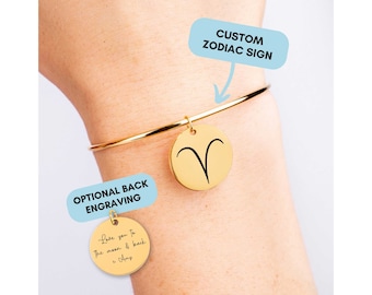 Personalized Zodiac Bangle, Astrology Bracelet, Engraved Zodiac Sign, Zodiac Sign Bracelet Gold Disc, Birthday Gift, Christmas Gift