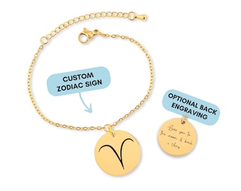 Personalized Zodiac Bracelet, Astrology Bracelet, Engraved Zodiac Sign, Zodiac Sign Bracelet Gold Disc, Birthday Gift, Christmas Gift