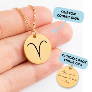 Personalized Zodiac Necklace, Astrology Necklace, Engraved Zodiac Sign, Zodiac Sign Necklace Gold Disc, Birthday Gift, Christmas Gift