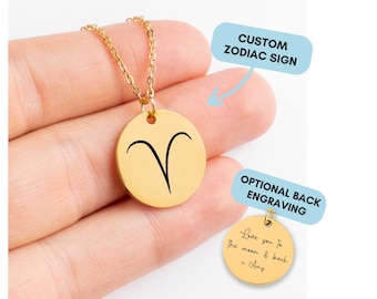 Personalized Zodiac Necklace, Astrology Necklace, Engraved Zodiac Sign, Zodiac Sign Necklace Gold Disc, Birthday Gift, Christmas Gift