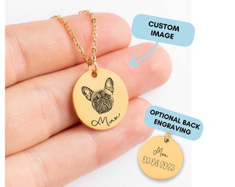 Custom Pet Portrait Necklace, Dog, Cat, Engraved Pet Photo Necklace, Personalized Pet Memorial Necklace, Dog Lover Gift, Cat Mom Gift