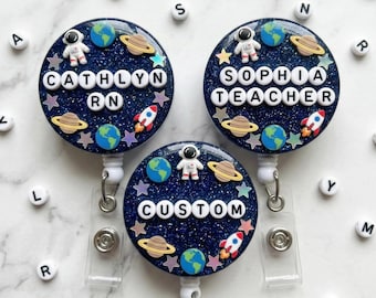 Custom Cosmic Galaxy Resin ID Badge Reel with Dark Navy Glitter Cute Space Astronaut Charms & Personalized Name Tag for Nurses and Teachers